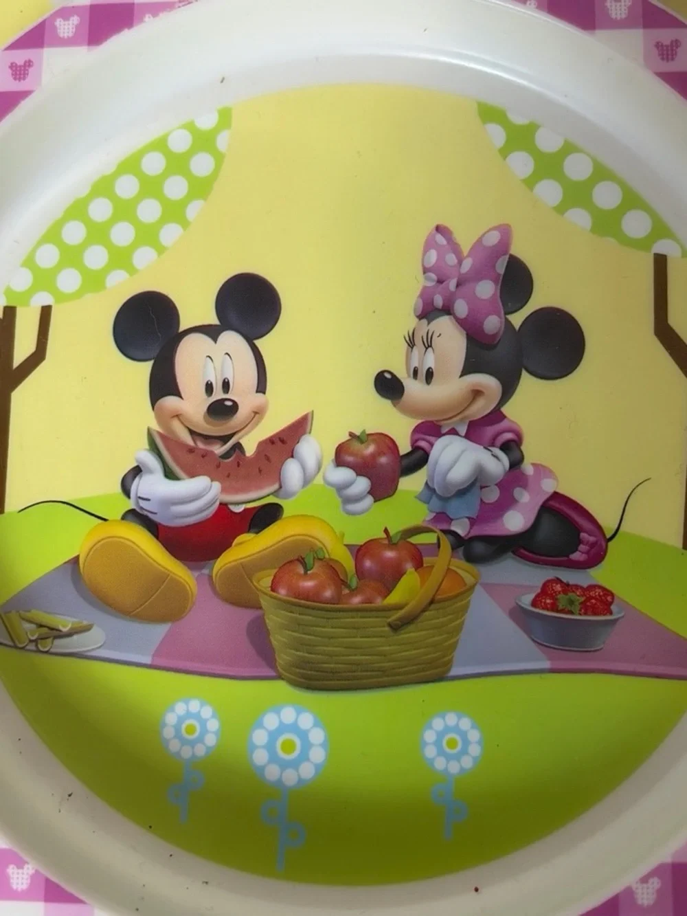 First Year’s Disney Pink & Green Mickey Minnie Picnic Sectioned Plate EUC